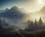 Fjellandskap med grantrær, tåke og lagvis lys og skygge