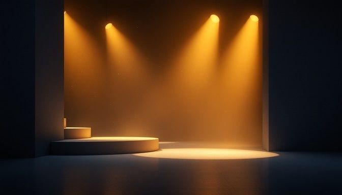 Minimalistisk scene med varme spotlights og trinn i skygge